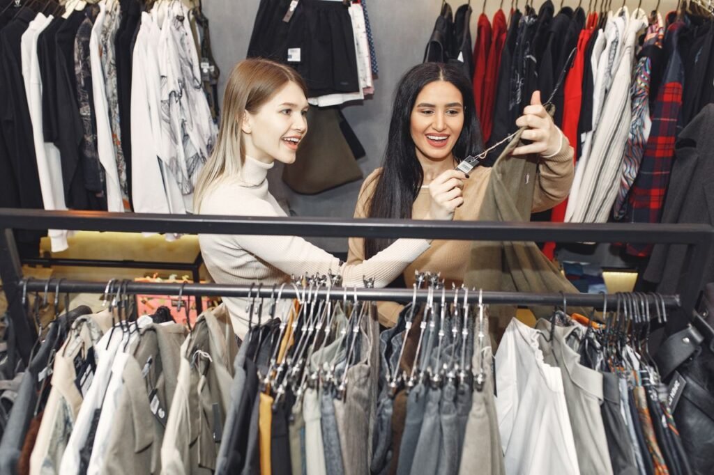 From above of young cheerful friends choosing casual pullover and laughing in shop while female looking at tag of wear